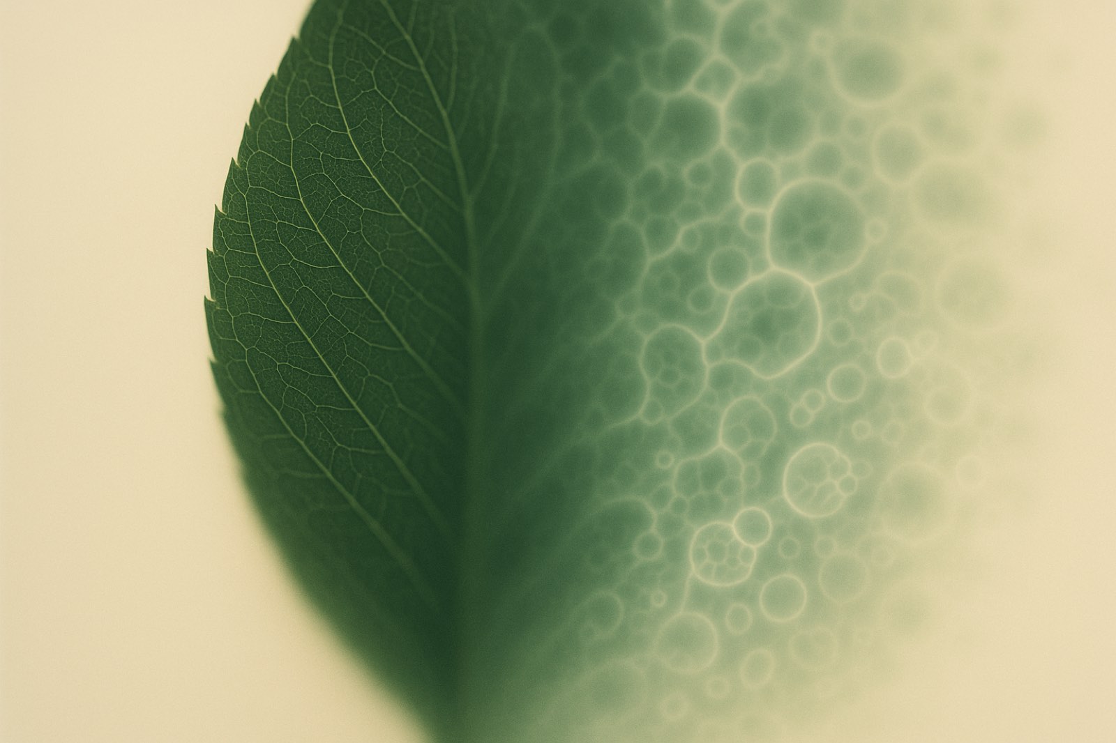 A leaf's veins dissolving into a network of cells — the cellular-medicine motif